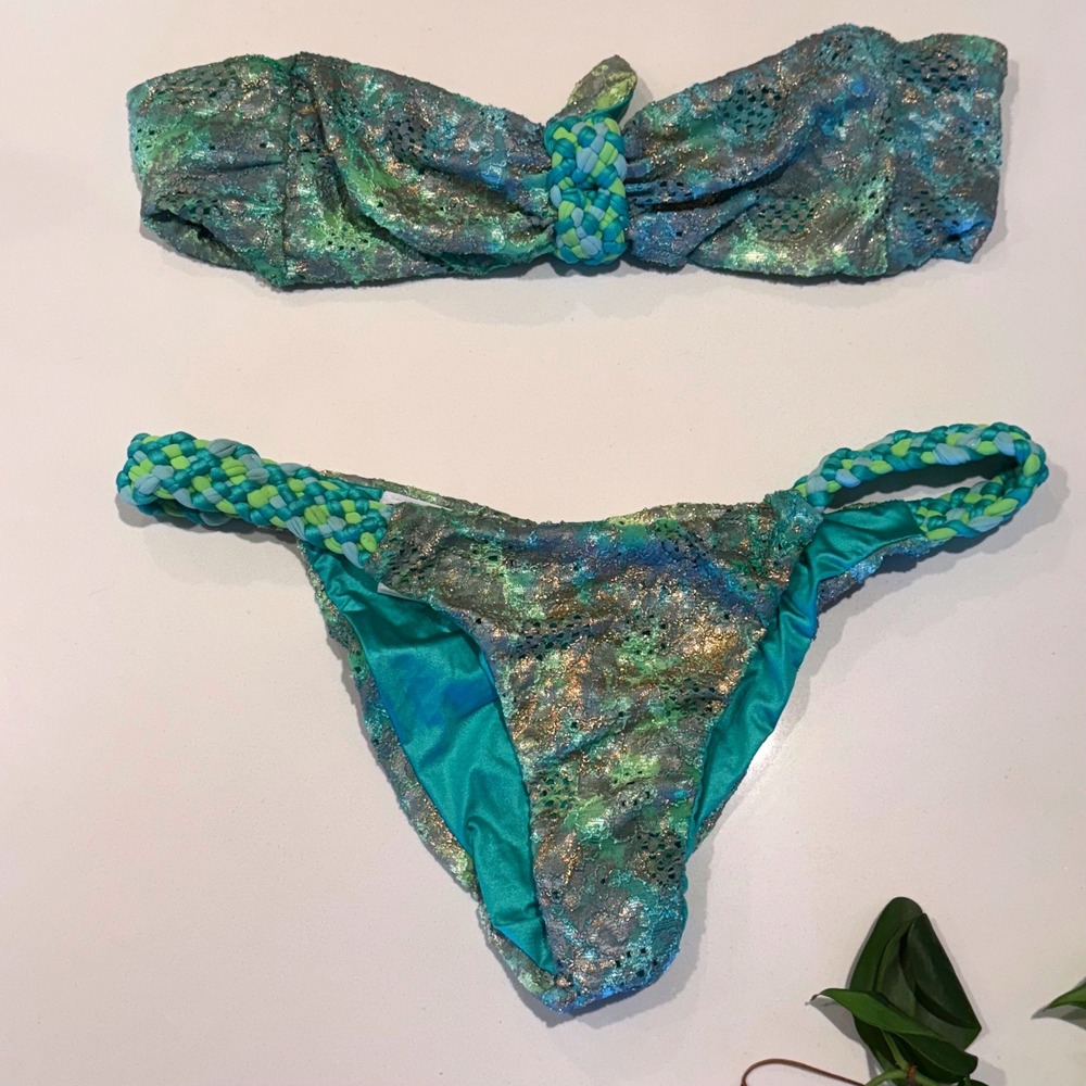 Beach Bunny Sugar Magnolia Bikini Green Gold Lace XS Top L Ruched Bottom Rare